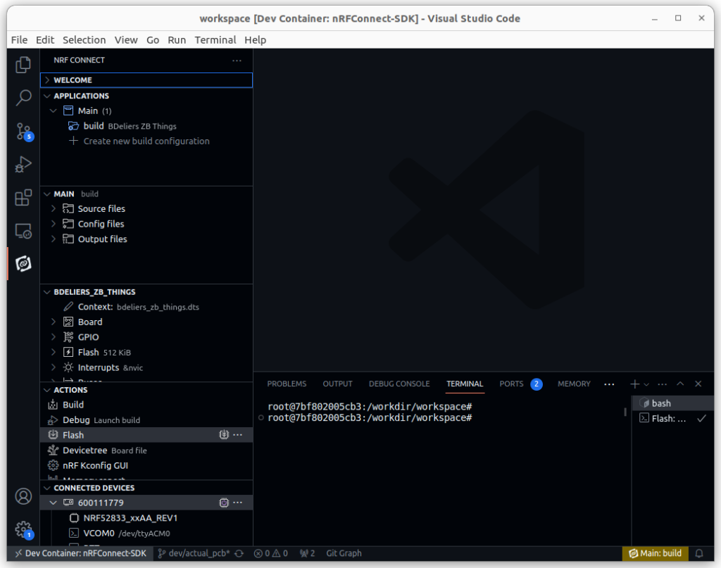 nRF Connect SDK devcontainer is up and running