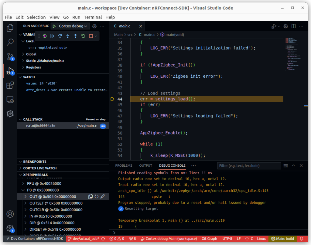 Debugging a target with the nRF Connect Devcontainer